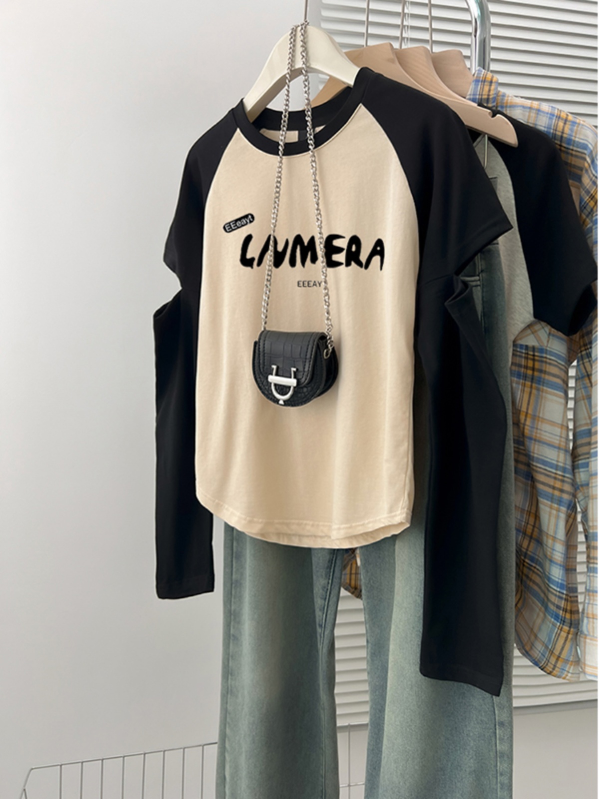 American Retro Raglan round Neck Early Autumn New Long Sleeves T-Shirt Women's Loose Inner Wear Plus Size Plus Size Ladies Bottoming Shirt Tops