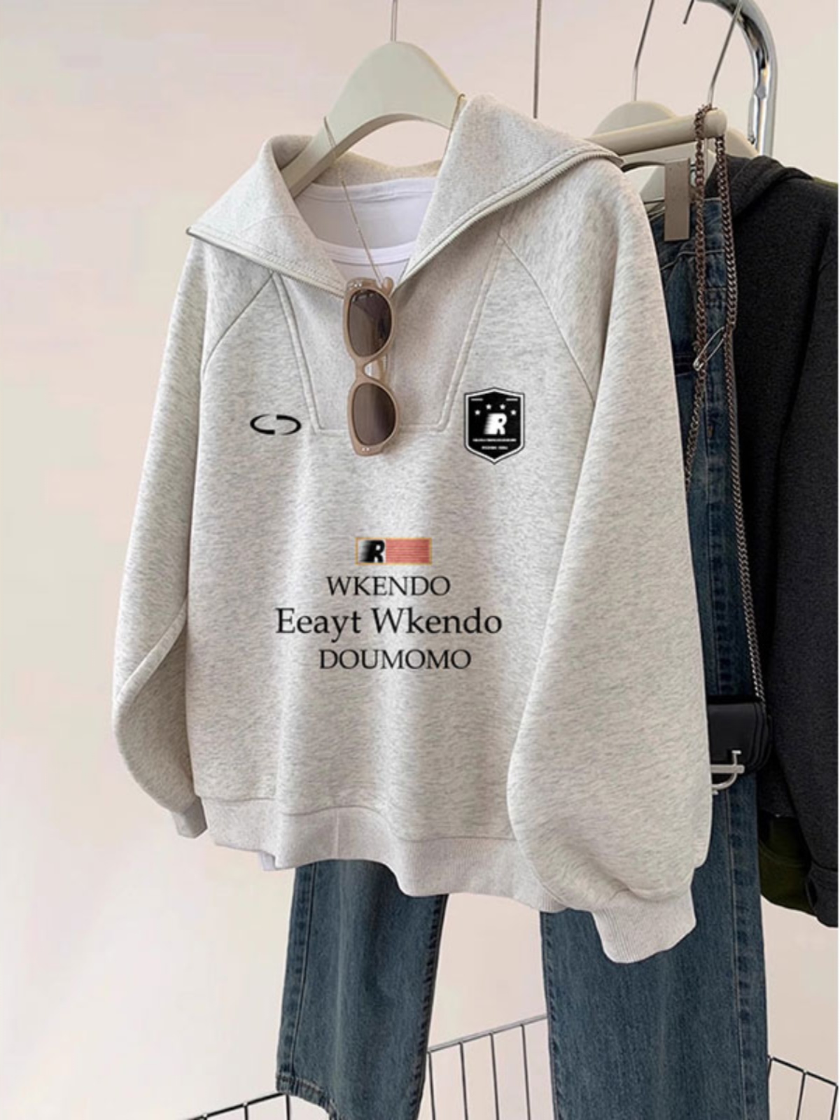 Half Zipper Hooded Gray Sweater Female Fall and Winter Ins Country Trendy American Hiphop Lapel Loose-Fitting Coat Top