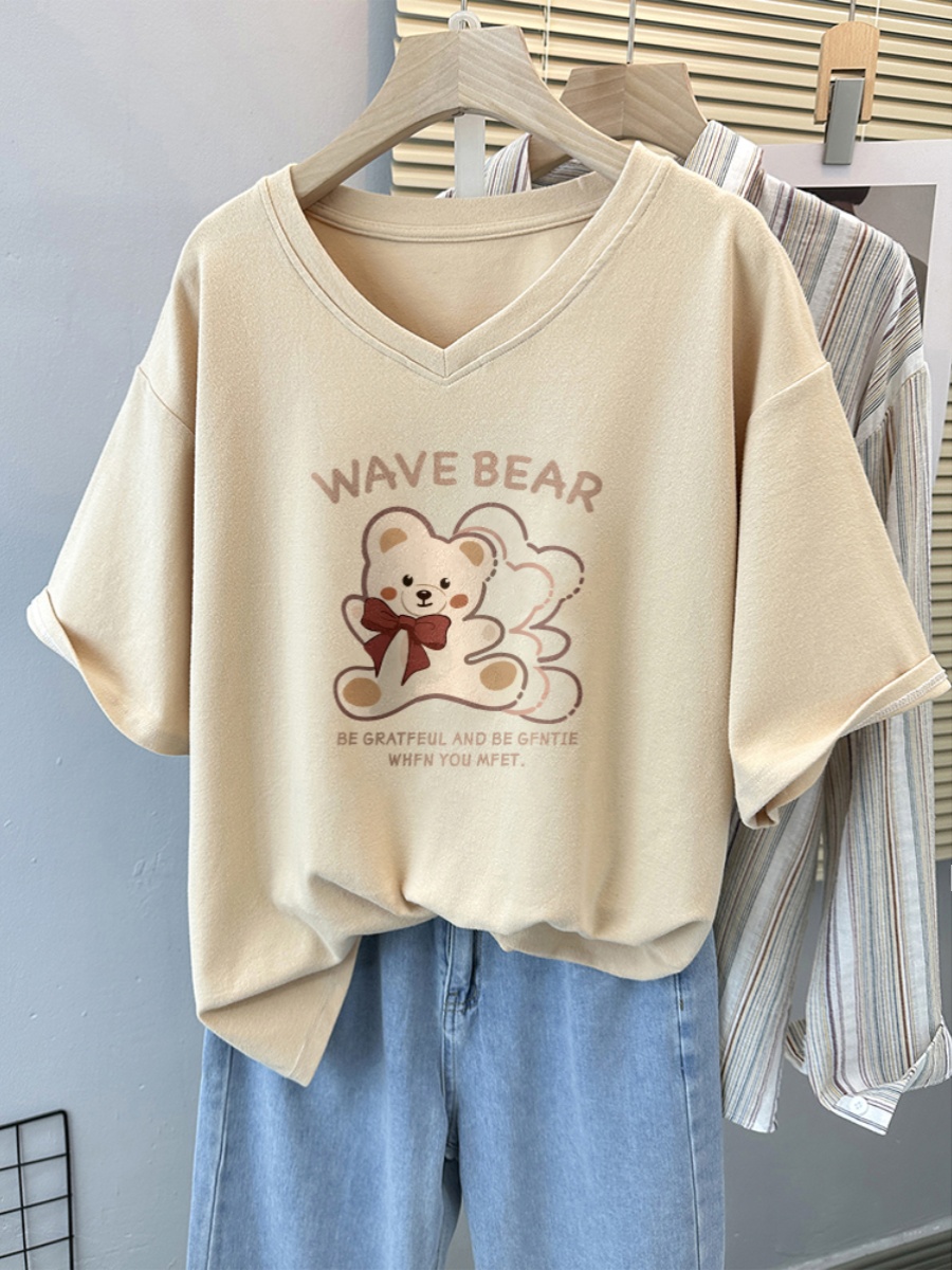Bear Large Size V-neck Short-Sleeved Pure Cotton T-shirt Female 100.00kg Plus Size Ladies Loose Slimming Belly-Covered Idle Style Half Sleeve Tops