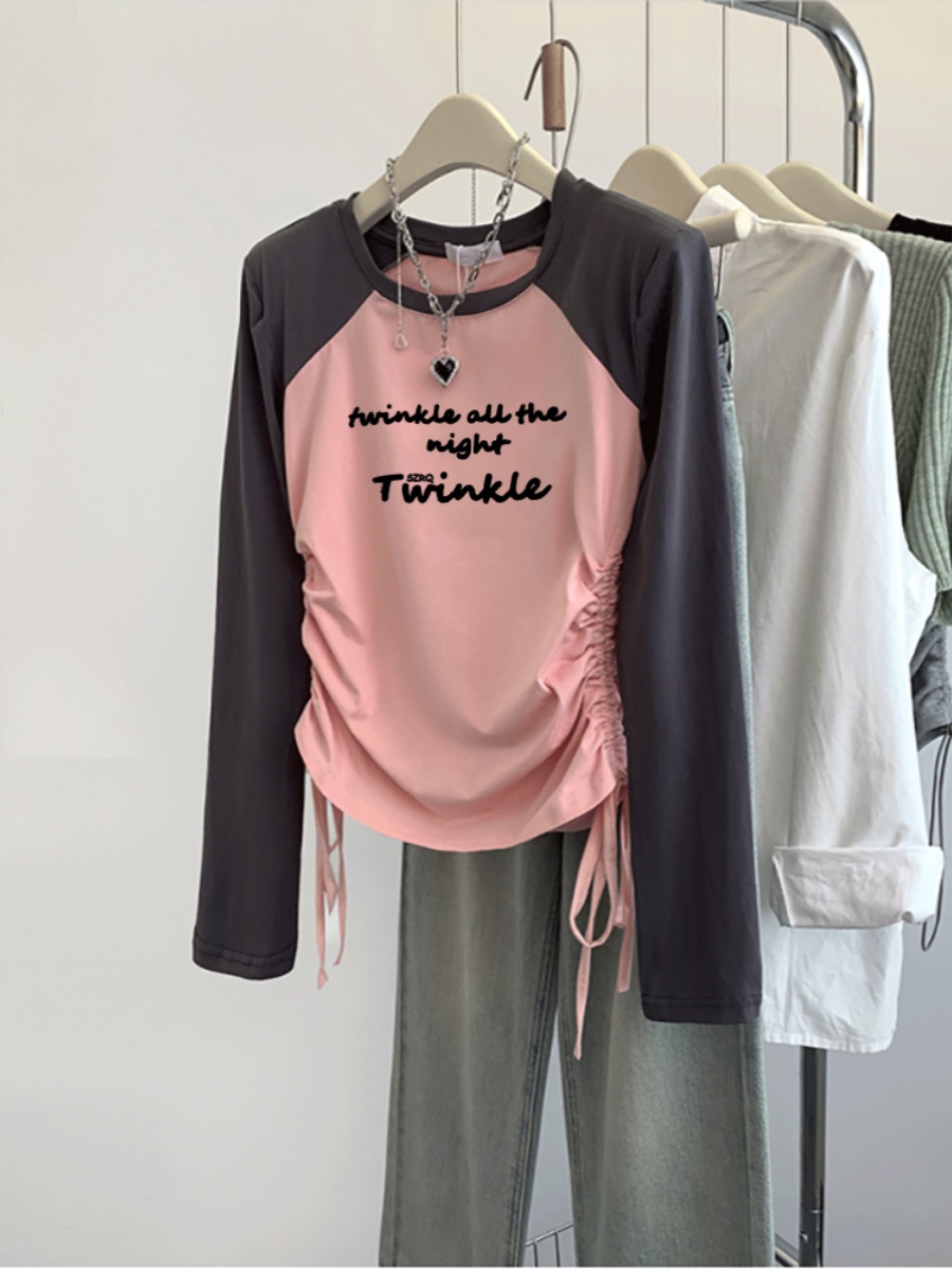 2025 Fall and Winter New Arrival Drawstring Short Stylish Niche Style Long Sleeve Pure Cotton T-shirt Women's Plus Size Plus Size Ladies Slim Looking T-shirt Women