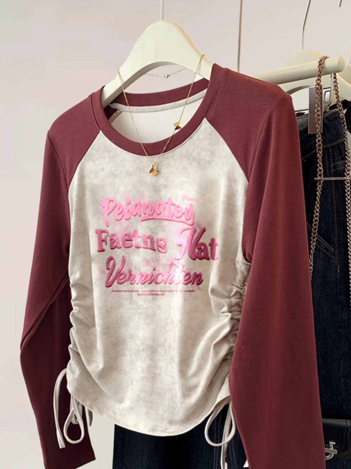 American Raglan Long Sleeves T-shirt Female 2025 Spring & Fall New Arrival Retro Silm Slim Looking Plus Size Ladies Inner Bottoming Shirt Tops