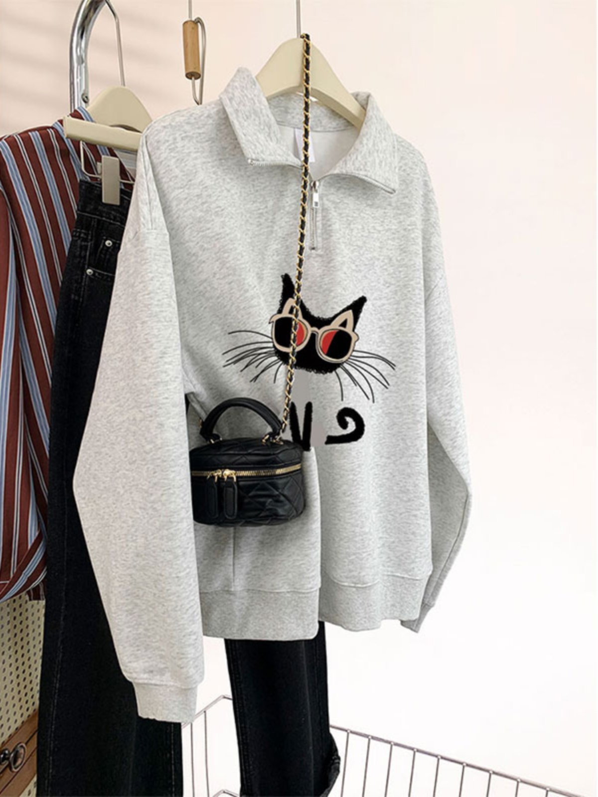 Polo Collar Spring & Fall 2025 New Arrival Sweater Top Loose Plus Size Plus Size Ladies American Retro Fall and Winter Fleece Padded Coat Tide
