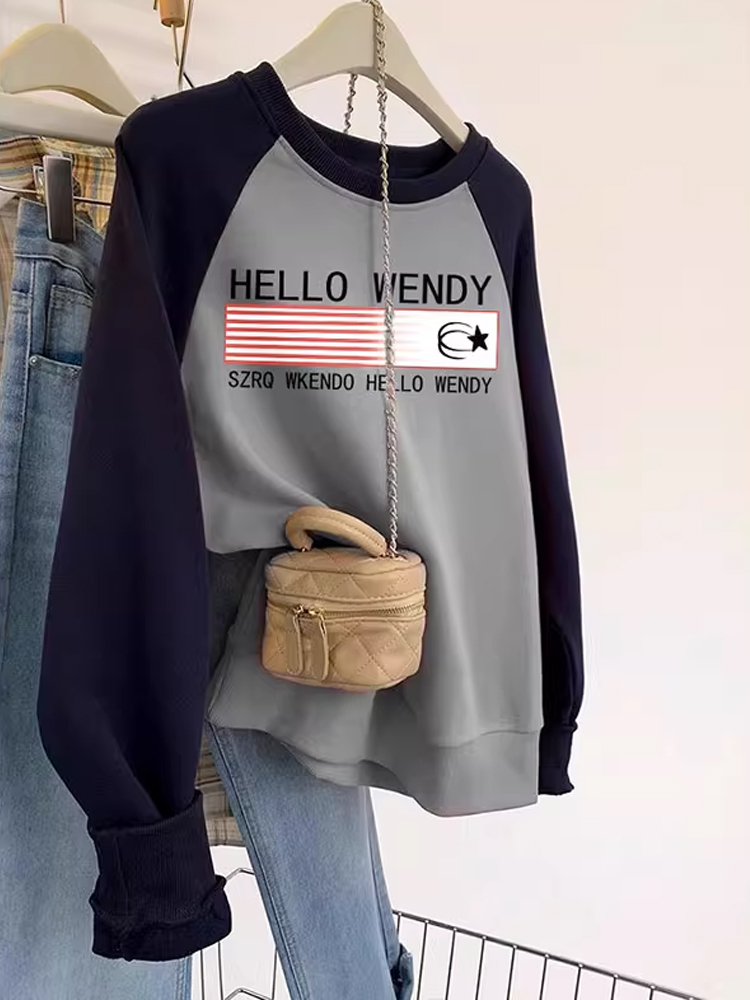 American Contrast Color Raglan round Neck Sweatshirt Women's Fall and Winter Fleece-lined Loose Fashion Brand Idle Style Chubby Girl Jacket Plus Size Women's Clothing