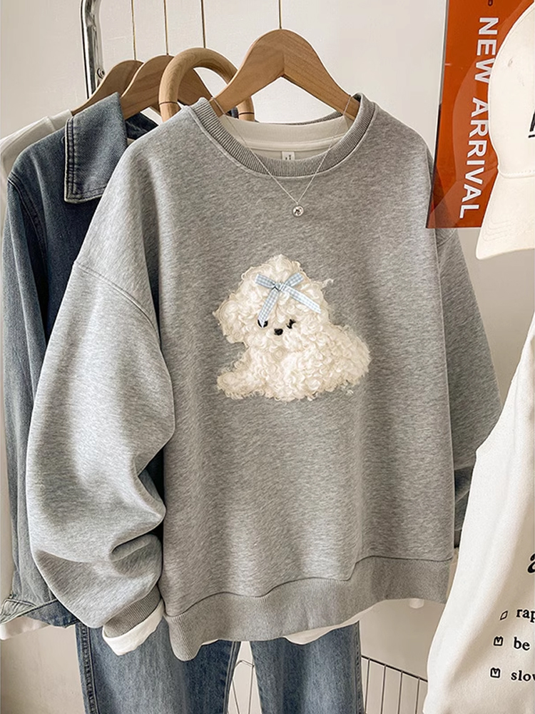 Korean Style Idle Style Embroidered Sweater Female Fall and Winter 2025 New Arrival Loose Velvet Thickened Plus Size Ladies Top without Hood Outwear