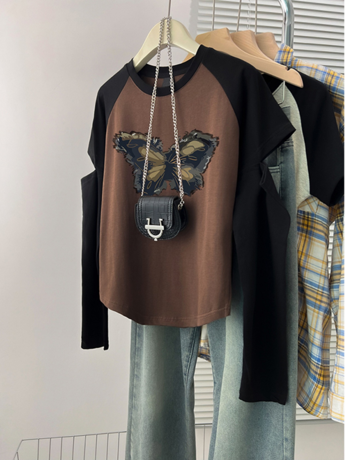 American Retro Raglan Long Sleeves T-Shirt Women 2025 Spring & Fall New Arrival Plus Size Plus Size Ladies Loose Inner Bottoming Shirt Tops