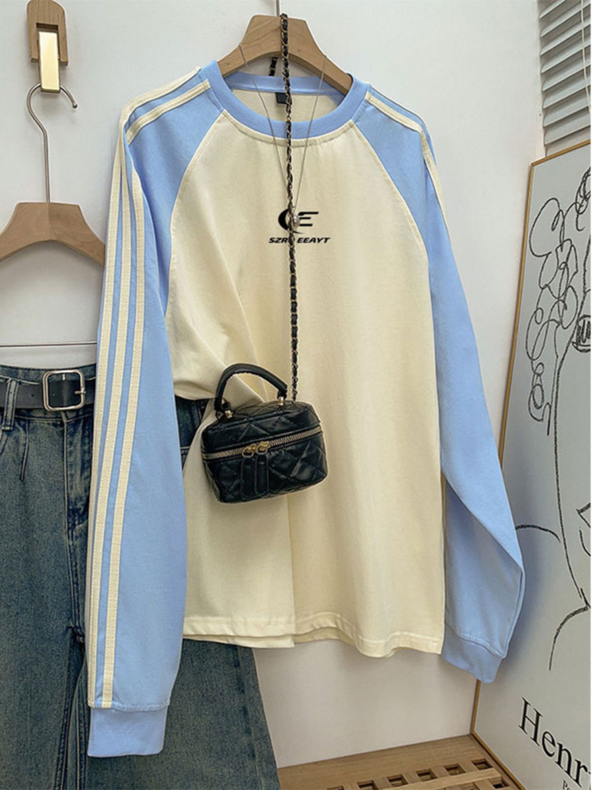 Plus Size Plus Size Ladies Raglan round Neck Sweatshirt Women's Spring and Autumn Loose-Fitting Non-Hoodie Outwear Stylish Three Bars Tops Niche Style