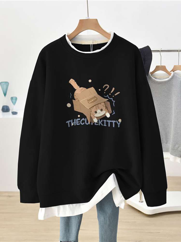 Stylish Niche Style Fake Two-Piece Loose Fleece-lined Thick round Neck Sweatshirt Women's Autumn and Winter Plus Size Plus Size Ladies Coat Top