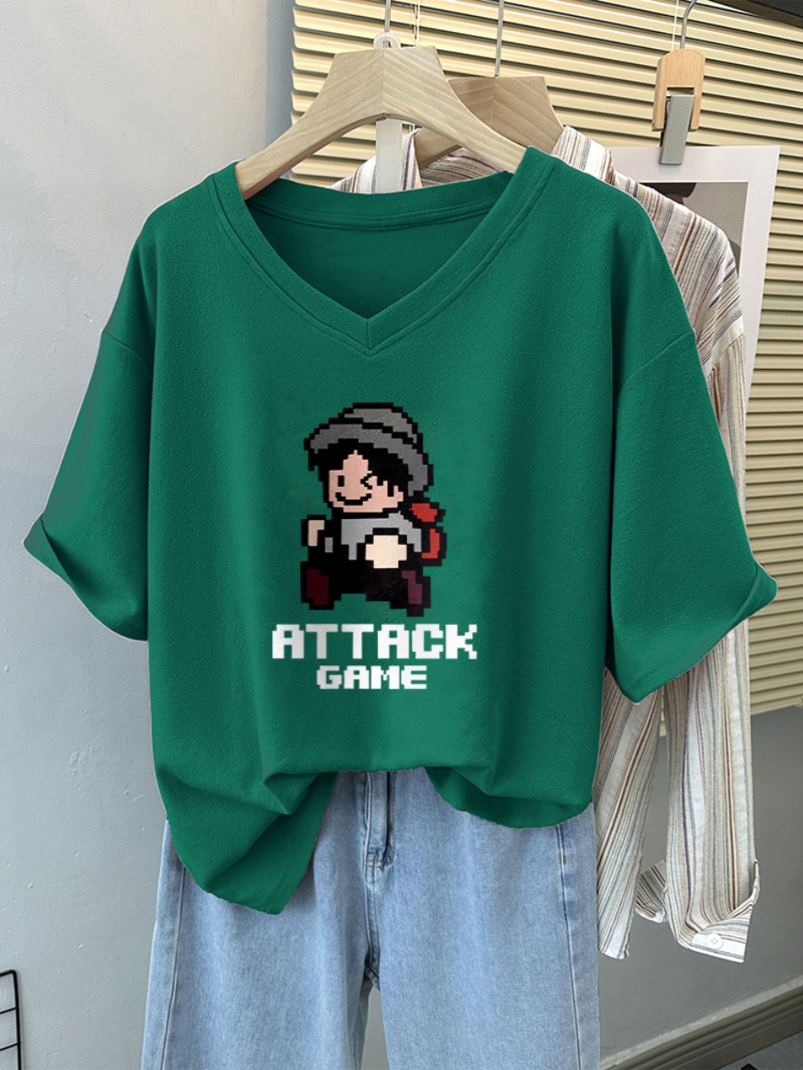 100.00kg Plus Size Ladies Plus Size Short Sleeve Cotton V-neck T-shirt Female 2025 Summer New Arrival American Retro Loose Top Wear