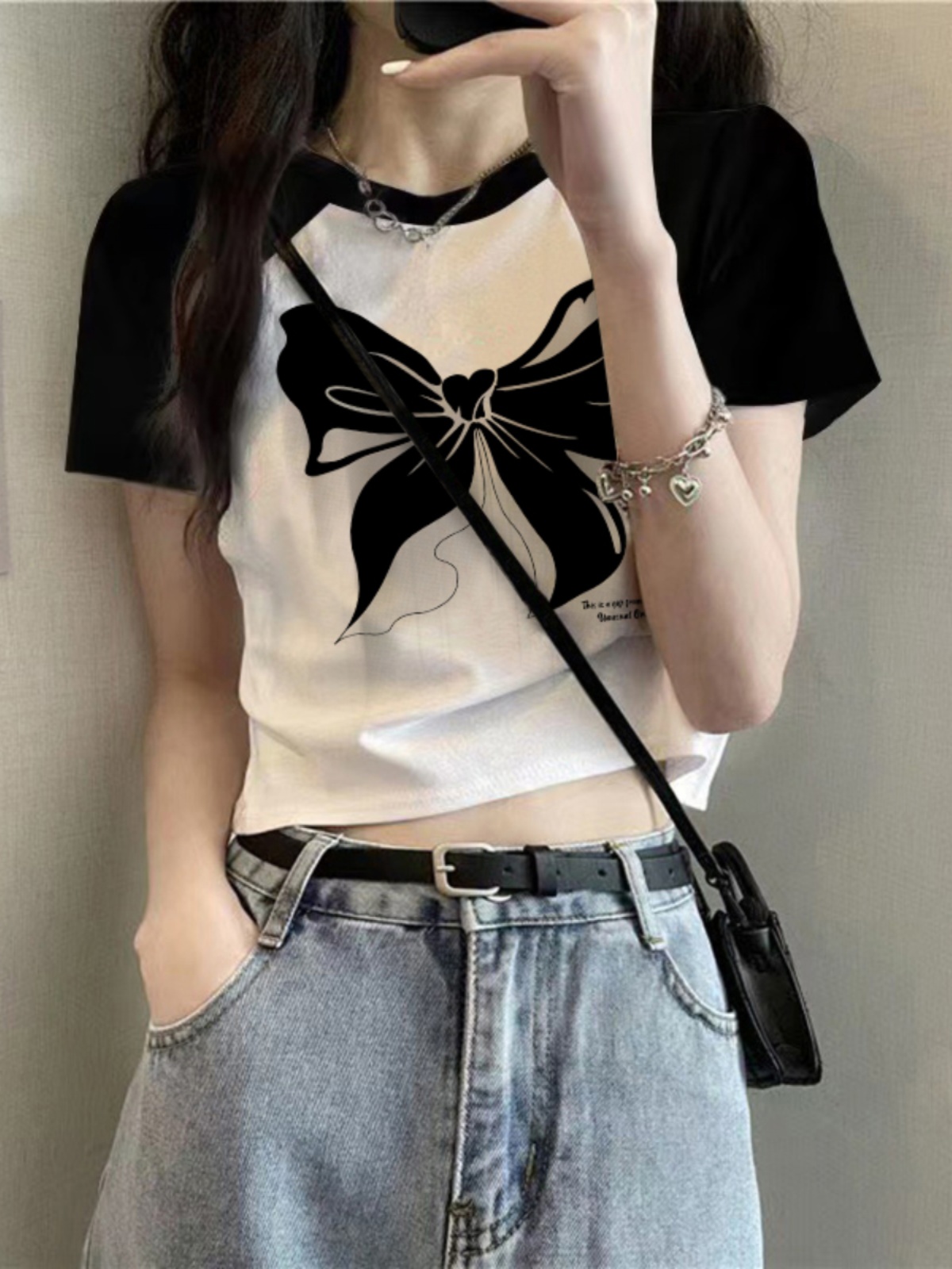 Slightly Oversized Girls Plus Size Black and White Contrast Color Pure Cotton Short Short Sleeve T-shirt Female 2025 Summer New Design Sense Niche Top