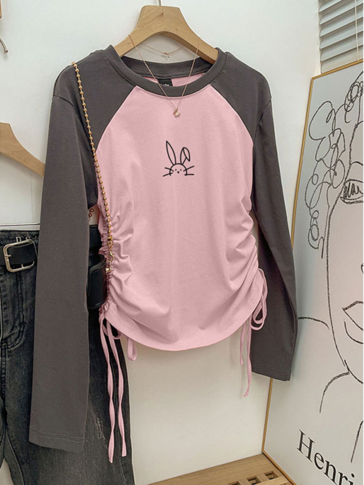 Spring & Fall Plus Size Stylish Drawstring Raglan T-Shirt Women's Long Sleeve Silm Slim Looking Base Short Inner Oversized Girls' Top