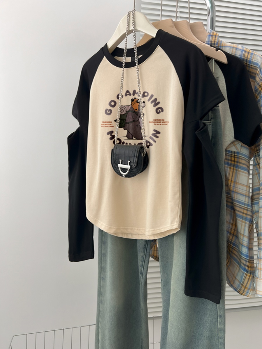 American Retro Lazy Raglan Shoulder Long Sleeves T-Shirt Women's Spring & Fall New Arrival Color Contrast Patchwork Loose Long Sleeves Top Clothes