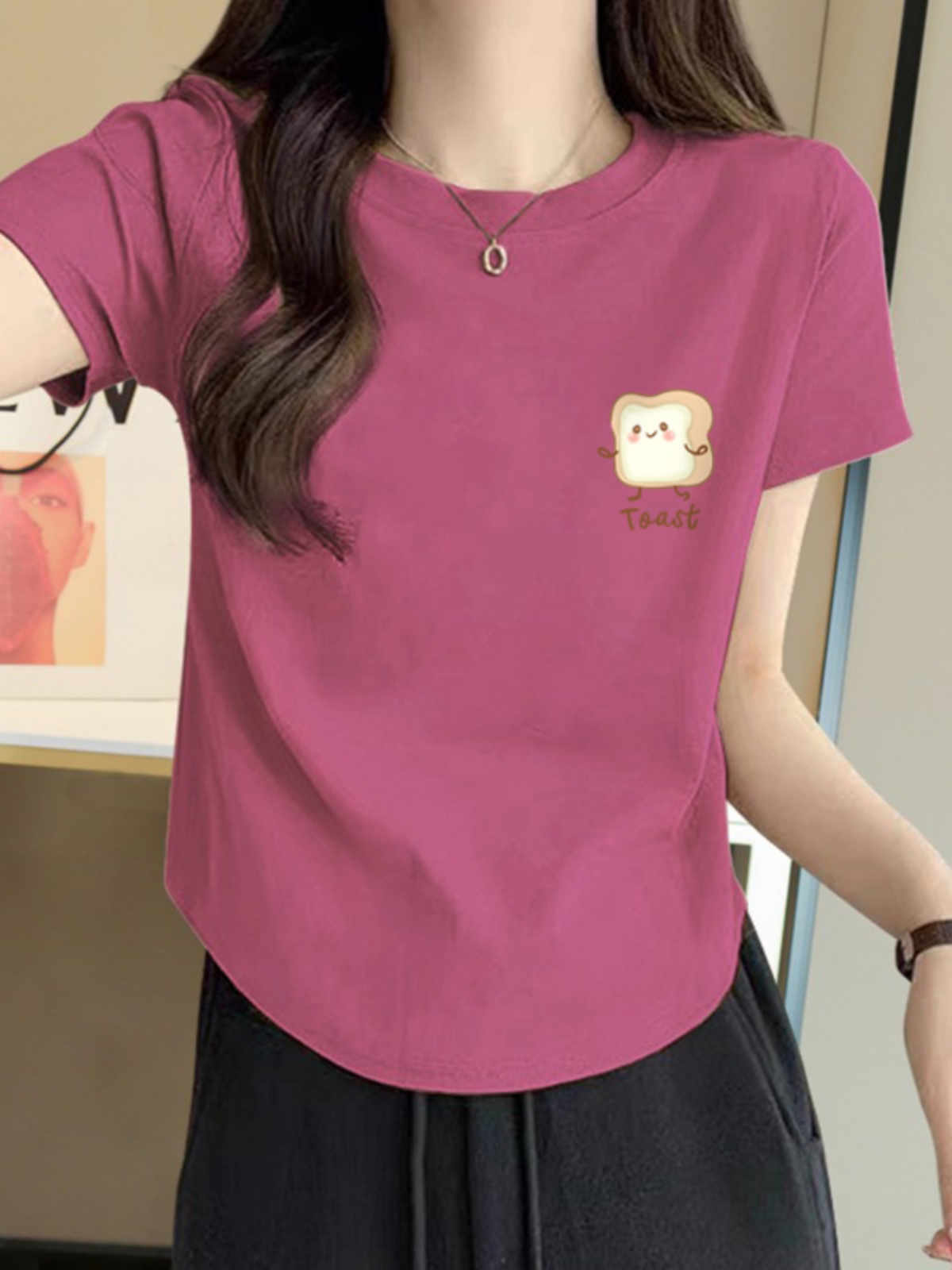 Pure Cotton Summer Asymmetrical Hem Belly Covering Ins Short Sleeve