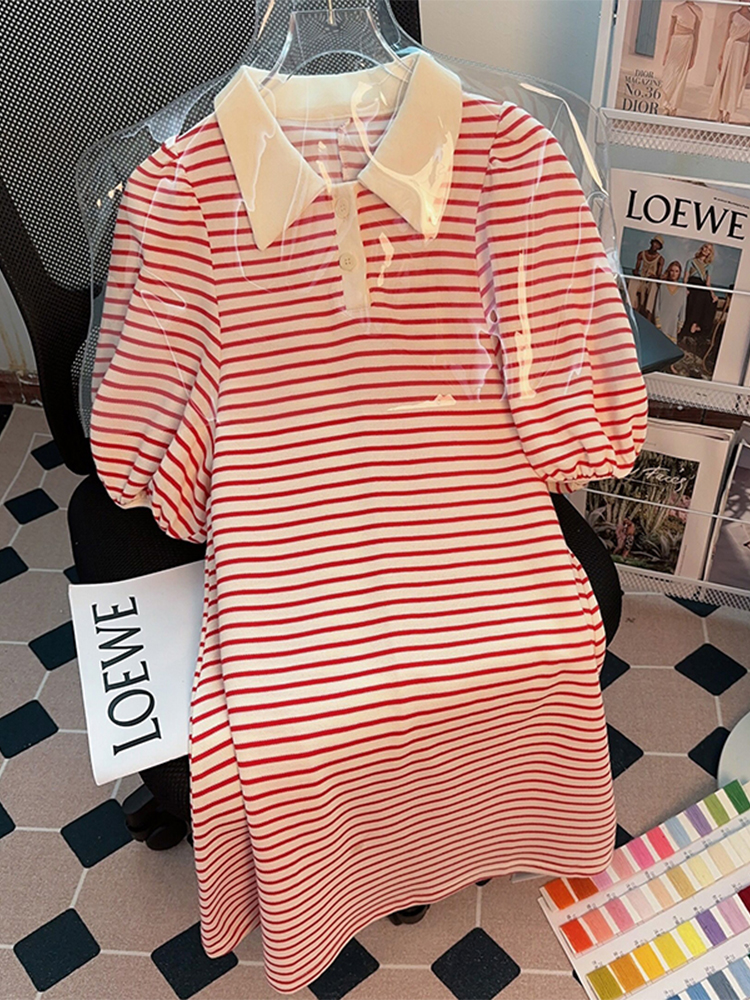 Stripes Short Sleeve T-Shirt Women's Summer 2025 Short Silm Lantern Sleeve Collar Fashion Tops Plus Size Women's Clothing 100.00kg