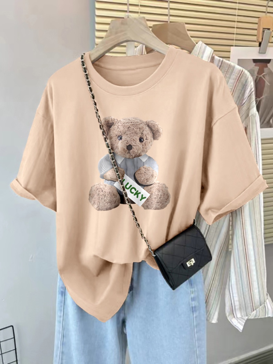 Plus Size Ladies Short Sleeve T-Shirt Women's 2025 New Arrival Summer Pure Cotton Plus Size Loose Slimming Belly-Covered Bear American Top Clothes