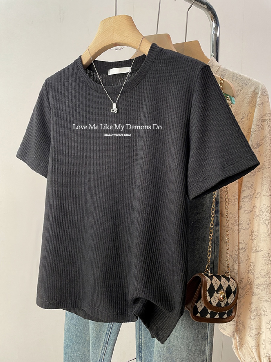 Waffle Short Sleeve T-Shirt Women's Summer Loose 2025 New Style White Crew Neck Half Sleeve T-shirt Plus Size Ladies Plus Size Tops