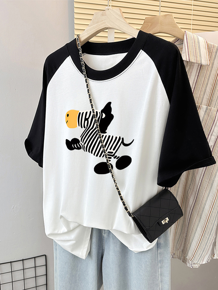 100.00kg Plus Size Ladies Raglan Sleeve Short Sleeve T-Shirt Women's Summer Plus Size American Retro Loose Design Niche Style Top Clothes