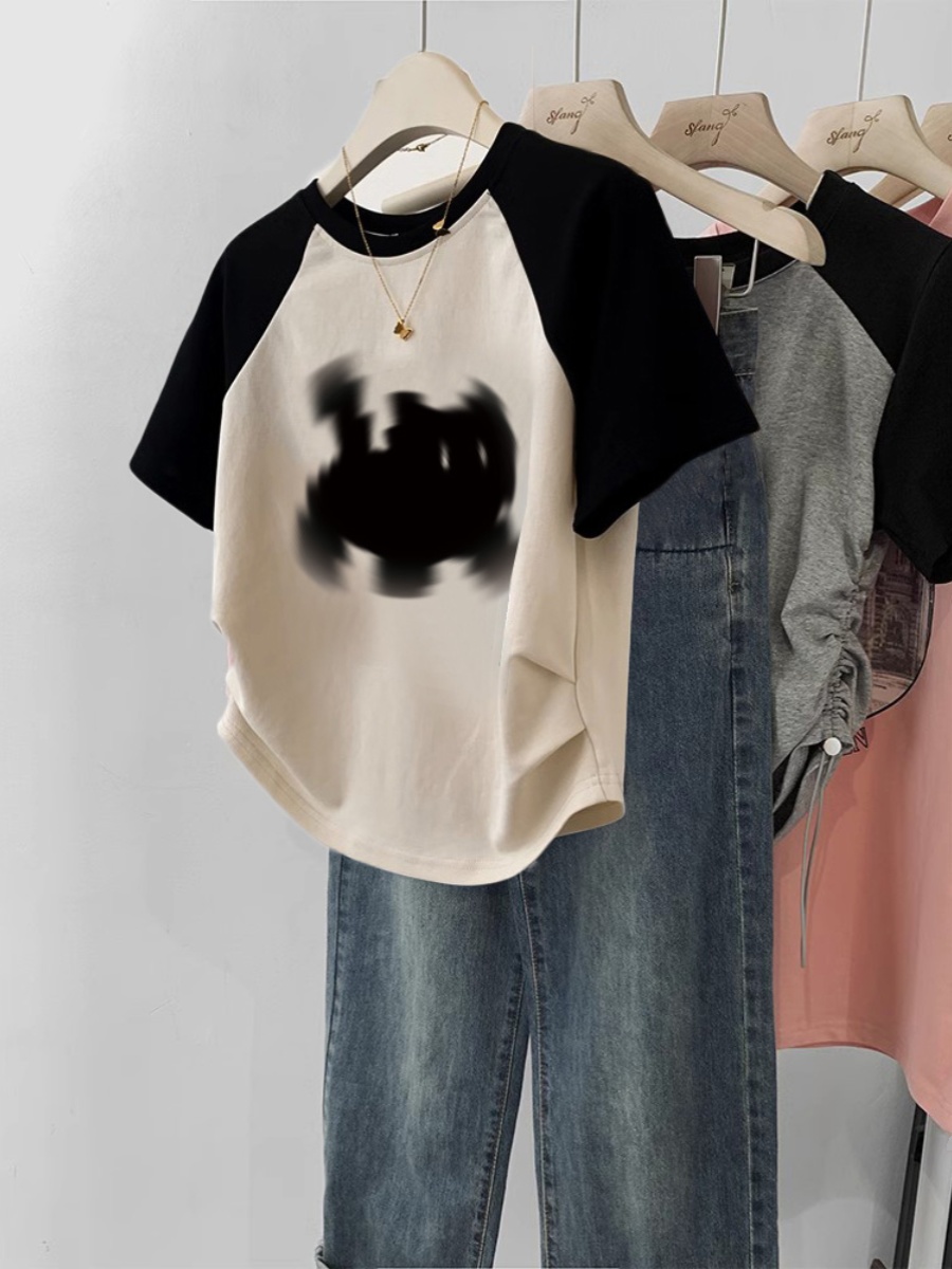 Plus Size Women's Clothing Plus Size Ladies Summer Slimming Raglan Sleeve T-shirt Female Patchwork Ins Fashion Brand Short Contrast Color Short Sleeves Top