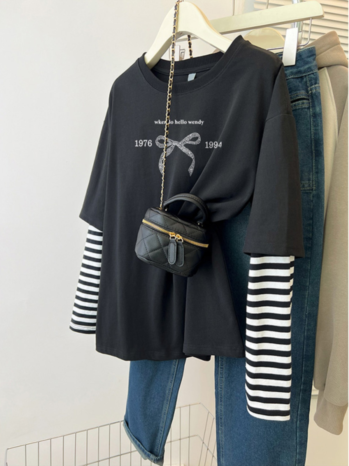 Fake Two-Piece Long Sleeves Tops Women's 2025 New Arrival Best Selling Inner Wear Loose Plus Size Plus Size Ladies Stripes Sleeve T-Shirt Bottoming Shirt