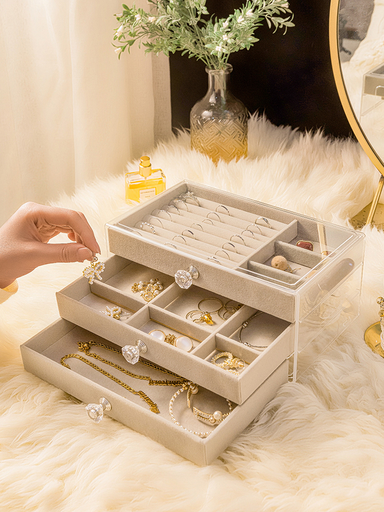 Jewelry Storage Box Anti-Oxidation Earrings Ear Stud Necklace Flannel Acrylic High-Grade Exquisite Jewelry Box Handy Gadget