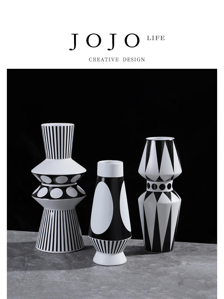 Jojo's L. Pd. Clear. Vase Black and White Stripes Ceramic Decal Art Minimalist Graphic Changhao