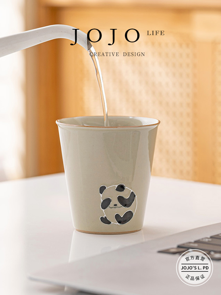 Jojo's L. Pd. Add. Wood Gray Pile Carved Panda Tea Cup Master Cup Large Ceramic Cup | Add