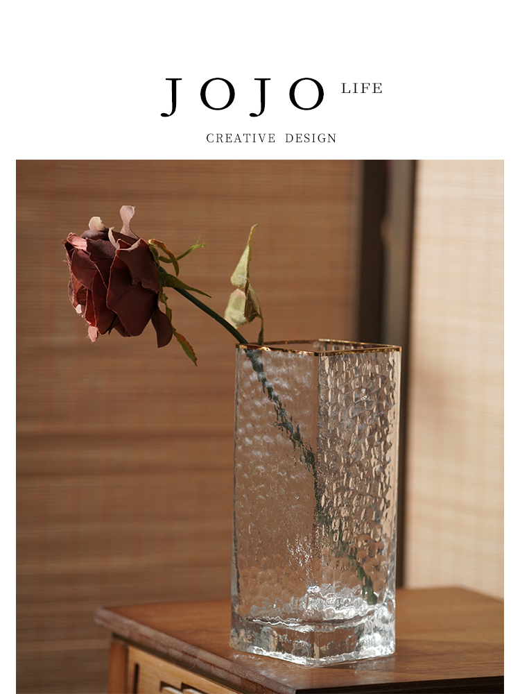 Jojo's L. PD Jueli Vase For Home European Golden Rim Transparent Straight-leg Square Glass | Love