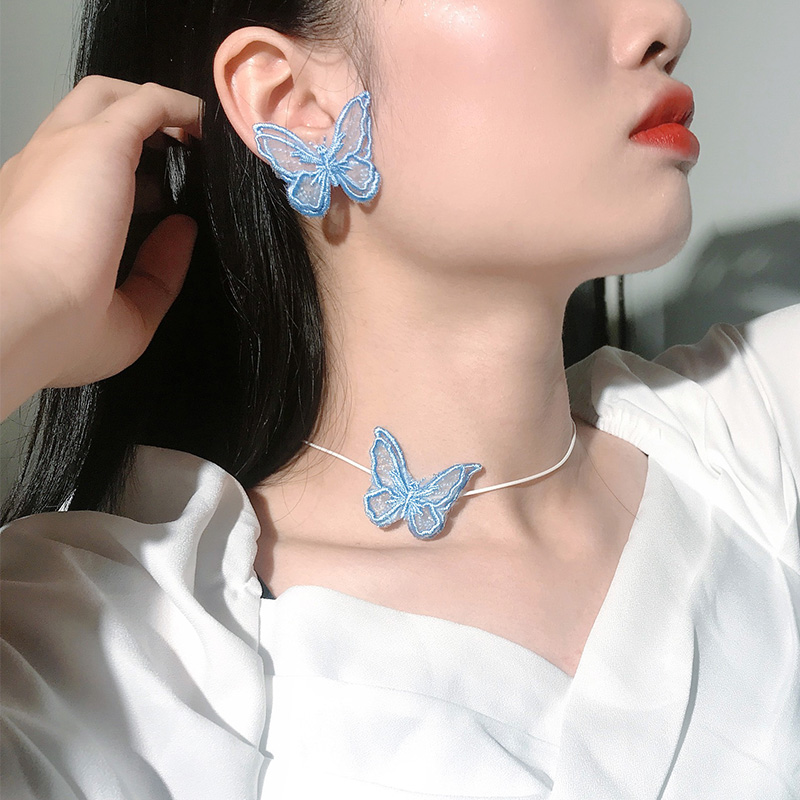 Lace Butterfly Necklace Female Instagram Mesh Red Style Fabric Ornament Niche Design Purple Blue Butterfly Pendant
