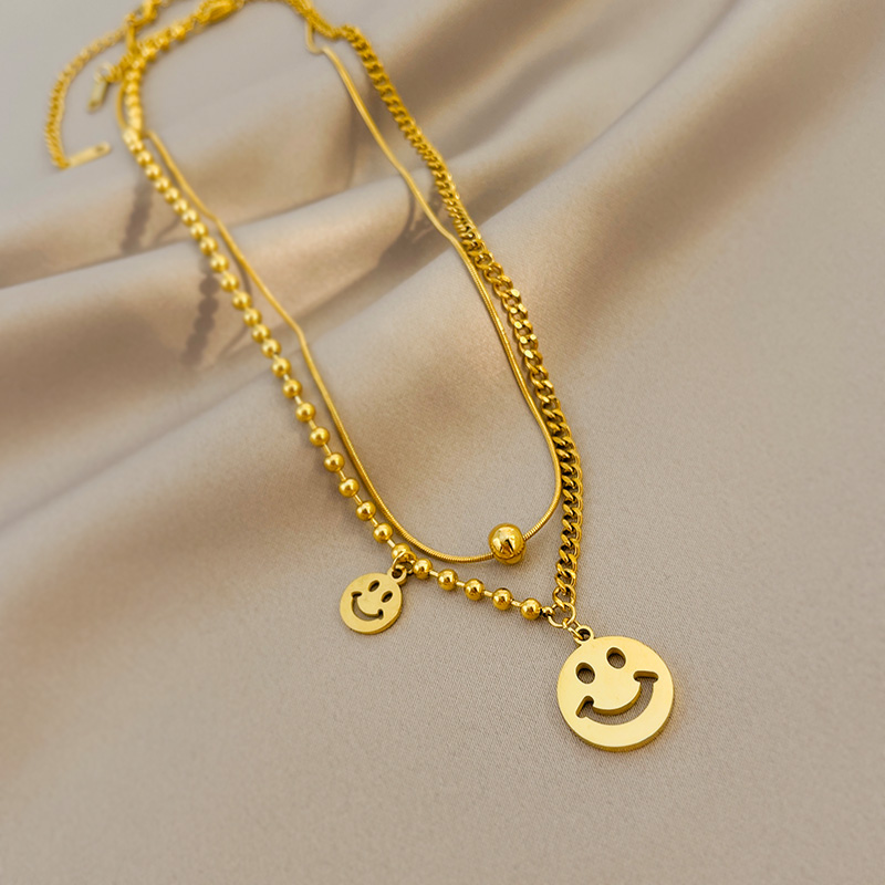 Double-Layer Chain Smiley Necklace Female Unique Designer Model Titanium Steel Personalized Clavicle Chain New Arrival Trendy Is Ornament