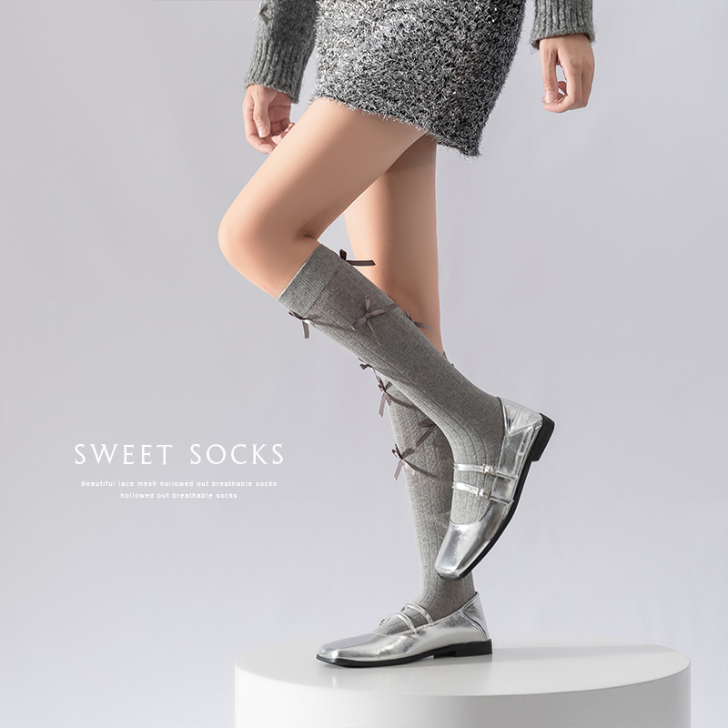 Calf Socks Women's Spring, Autumn and Winter Bows Ballet Style JK Loose Stockings Miu Series Knee High Slim Looking JK Long Socks