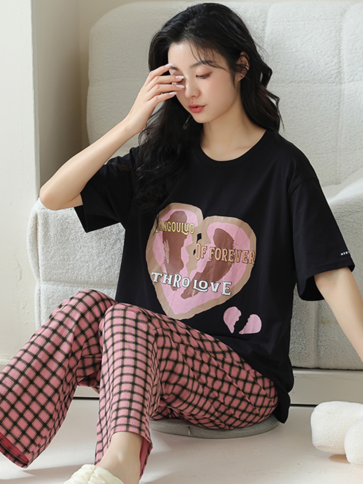 2025 New Arrival Loose Summer Knitted Cotton round Neck Pullover Short Sleeve Pants Pajamas Women's Suit Casual Homewear