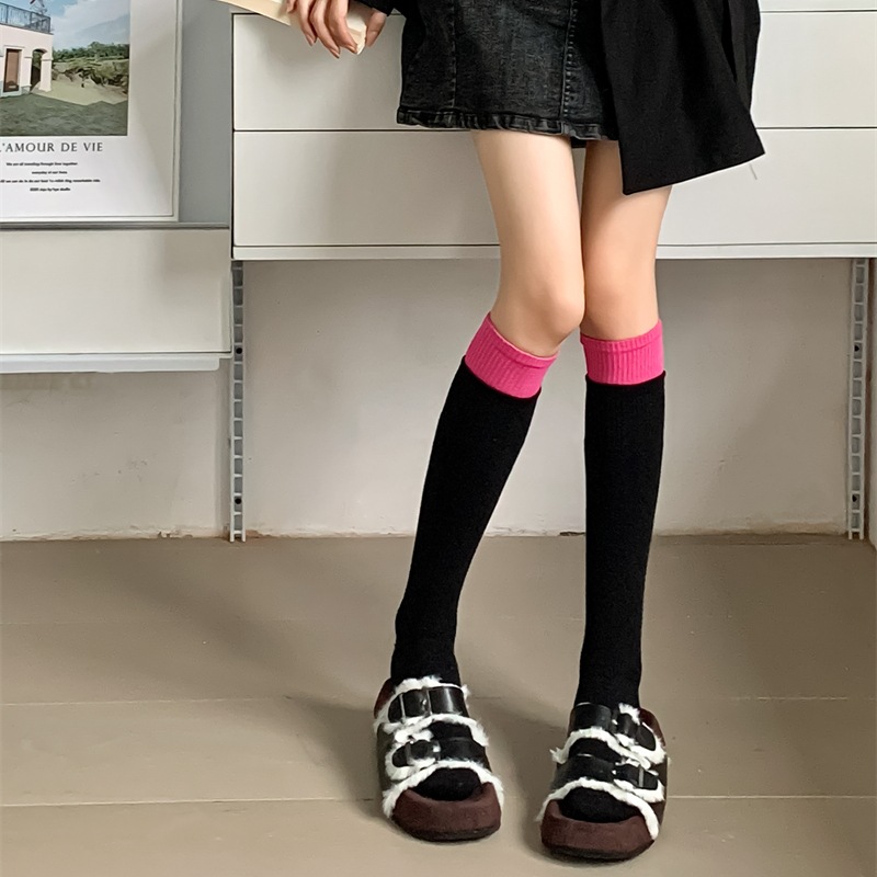 Pink Socks Women's Double Layer Patchwork Tube Socks Fake Two-Piece Knee Length Long Socks American Retro Bunching Socks Fall and Winter Long