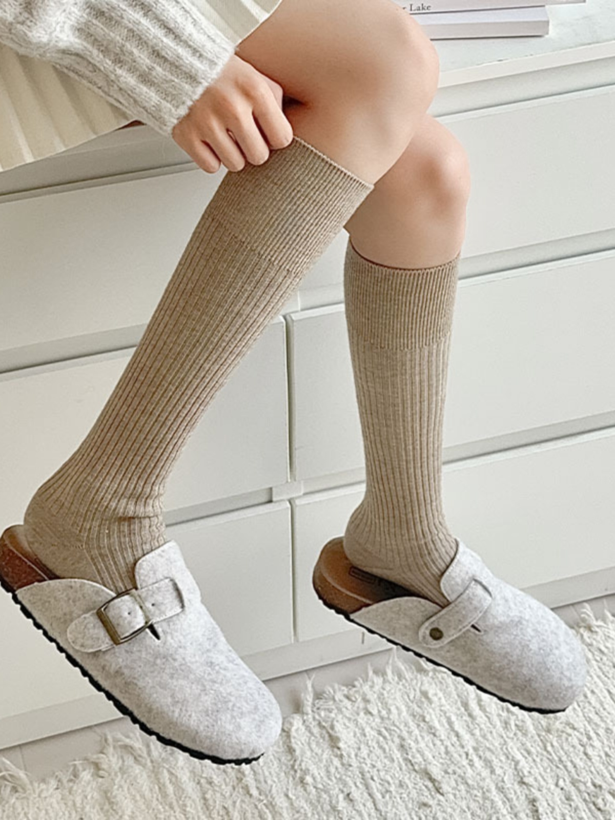 Cashmere Calf Socks Women's Fall and Winter Maillard Matching Birkenstock Thickened Heattech Vertical Bar Bunching Socks Long Tube Knee Length Socks