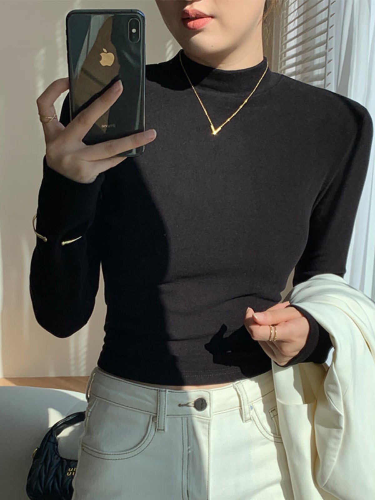 Half-high Collar Warm Top Women Inner wear 2024 Autumn and Winter Fleece Lined Sanded Thickened Bottoming Shirt Black Long sleeves Shirt