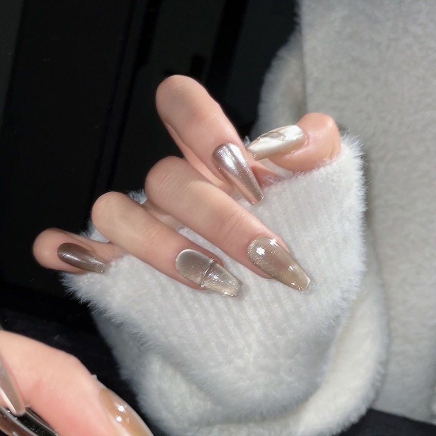 Wear Nail Mirror Nude Color Metal White Minimalist Cat's Eye