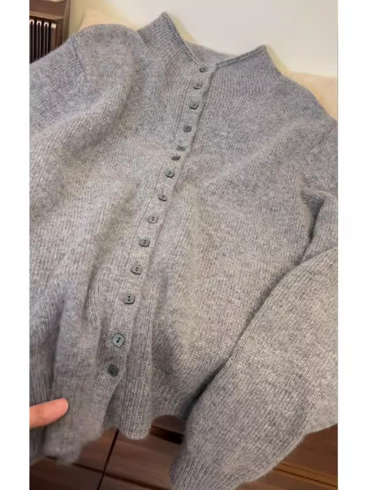 Wear Recommend Today! Cashmere Gray Soft Glutinous Half Turtleneck One Breasted Knitting Cardigan Outwear Women's Sweater