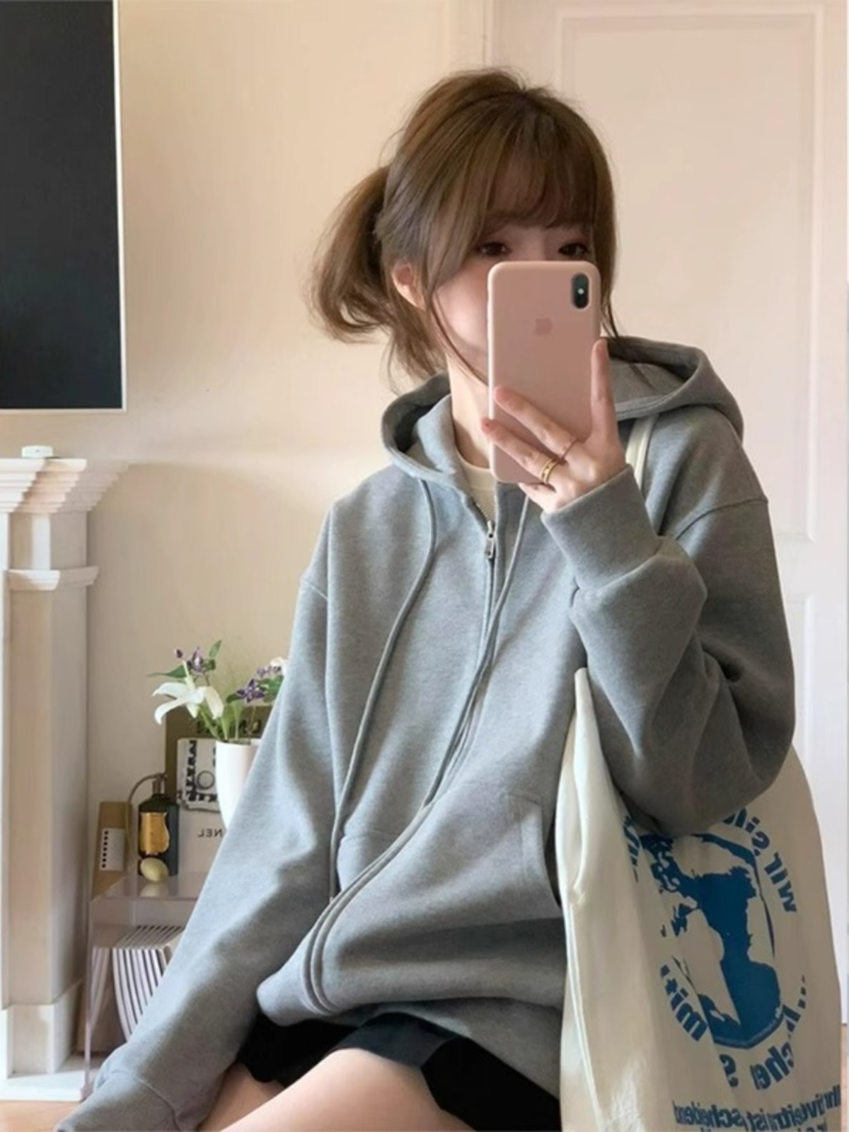 Western Style Small Town Gray Zip-up Hooded Cardigan Hoodie Outerwear Women's Spring and Autumn Fashionable Loose Top
