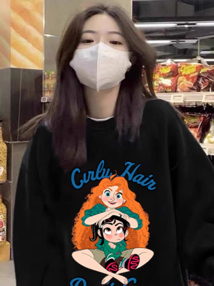 2025 New Arrival American Retro Idle Style Oversize Raglan Sleeve Cartoon Print Black, Hoodie Female Spring & Fall