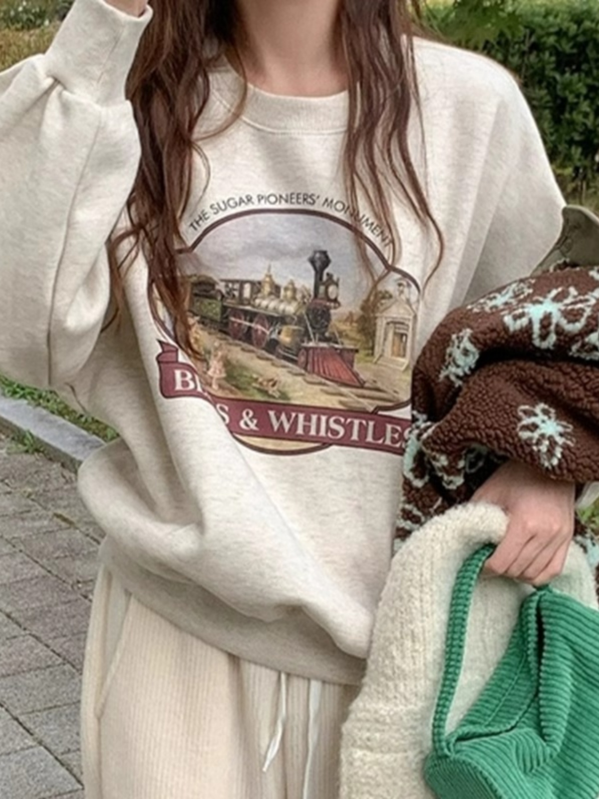 Oatmeal Color round Neck Sweatshirt Female Spring & Fall Stylish Alphabet plus Velvet Small American Retro Loose Pullover Top