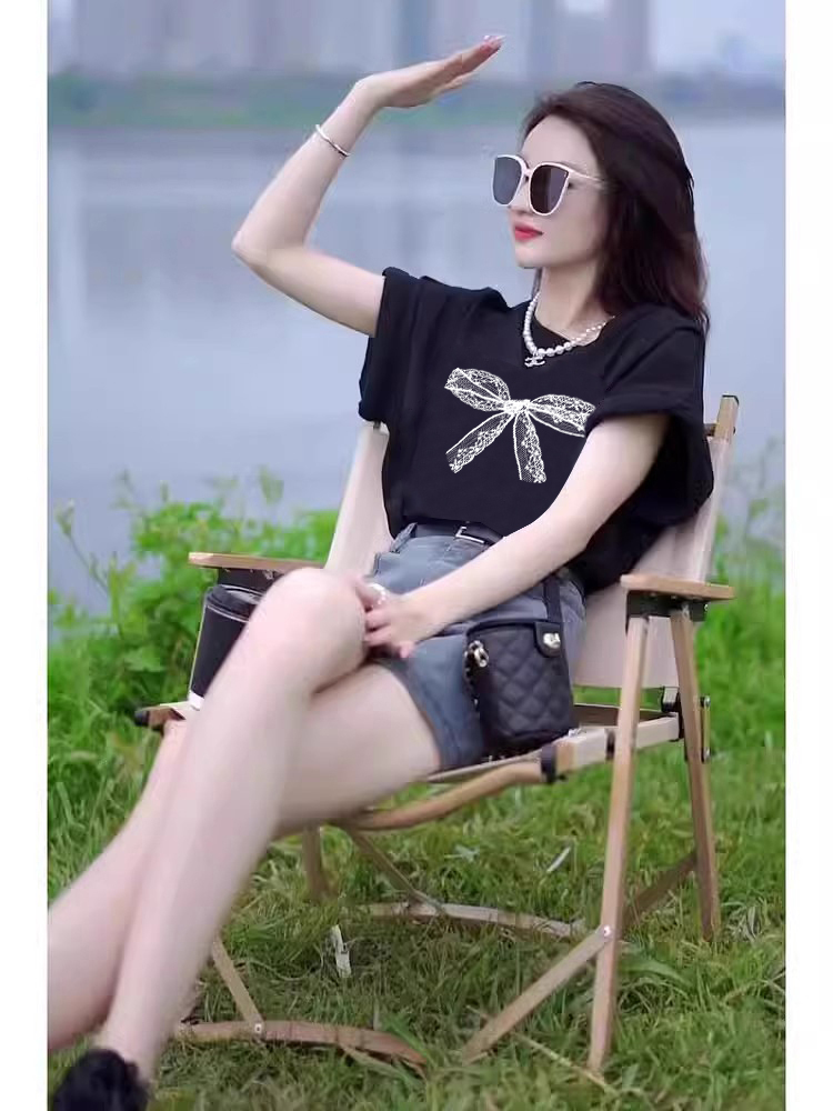 Sweet Bows Shoulder Black T-shirt Female Summer Fancy Super Nice Western Style Slimming Unique Chic Tops
