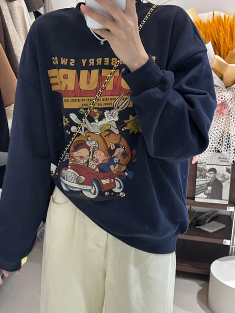 Vintage American Retro Preppy Style Loose round Neck Sweatshirt Female Spring and Autumn Thin 2025 New Arrival Tops