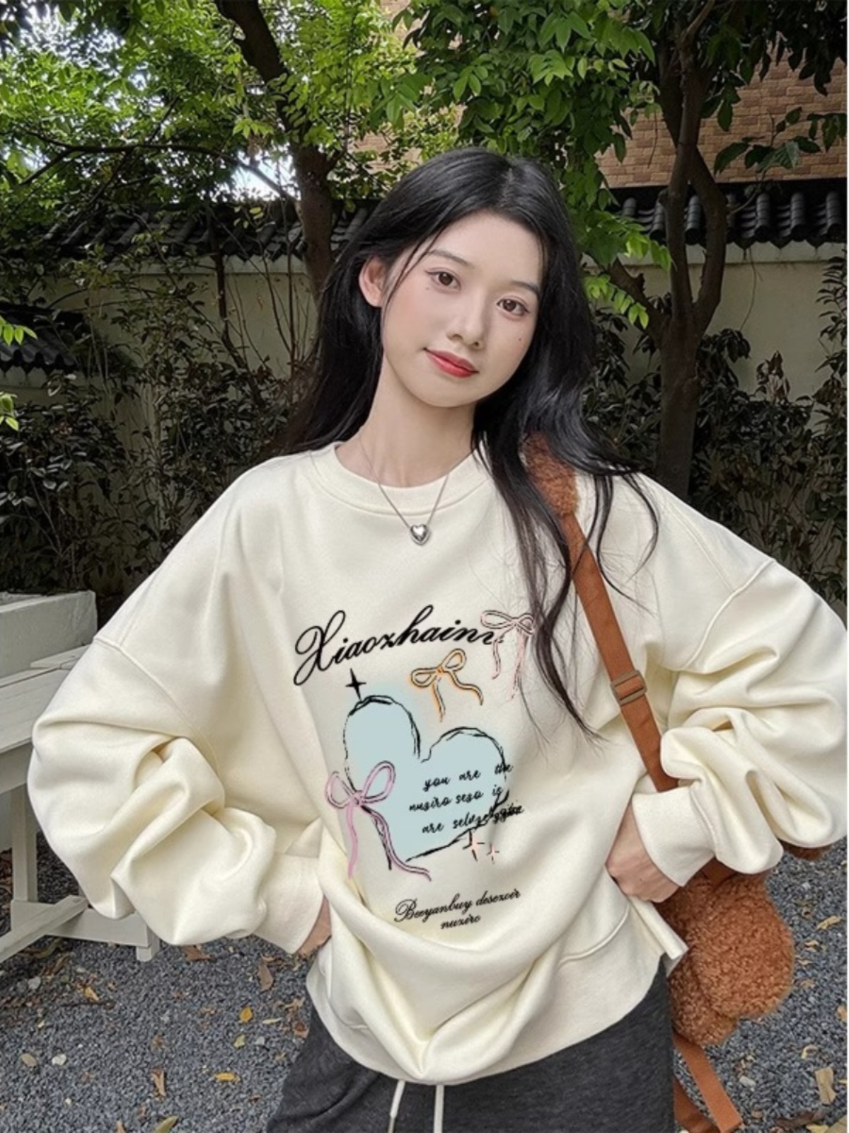 Milk Apricot round Neck Sweatshirt Women Spring & Fall 2025 New Arrival Best Selling K-style Thin Loose Fancy Top without Hood Women