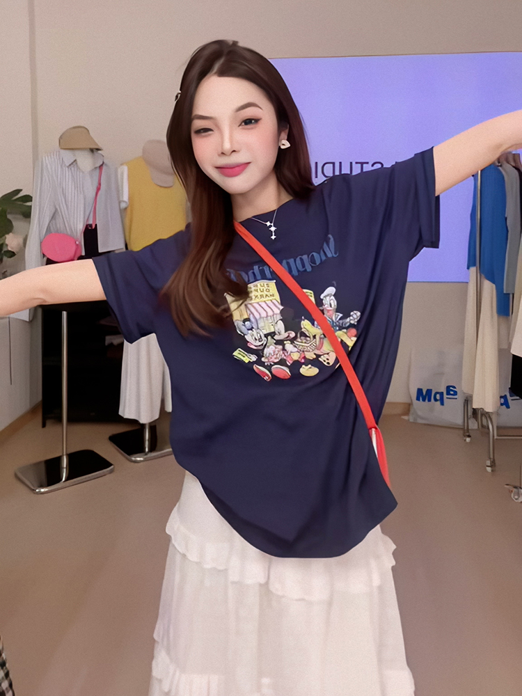 Navy Blue T-shirt 2025 Summer New Cartoon Mickey Print Short Sleeve T-shirt Female Easiest for Match Loose Half-Sleeve Top