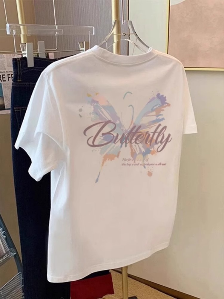 White Pure Cotton Short-Sleeved T-shirt Female Summer New Arrival Butterfly Print European Shirt High-End Famous Brand Best Selling Tops