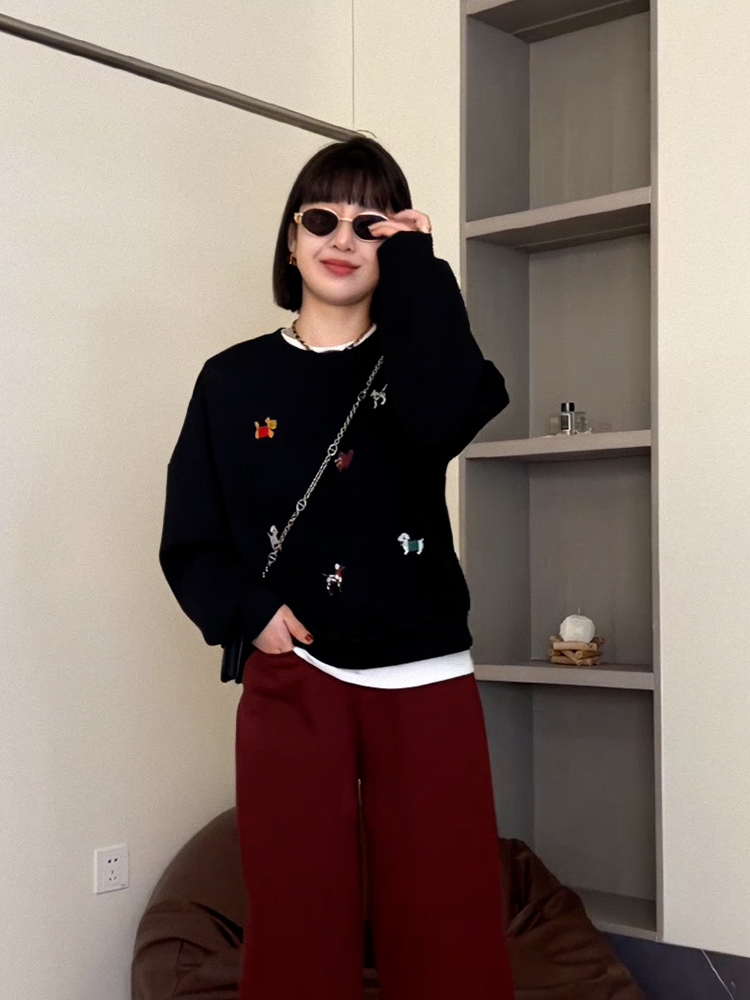 Black Idle Style Printed Crew Neck Sweatshirt Female 2025 New Arrival Best Selling Spring and Autumn Loose Small Long Sleeves Tops
