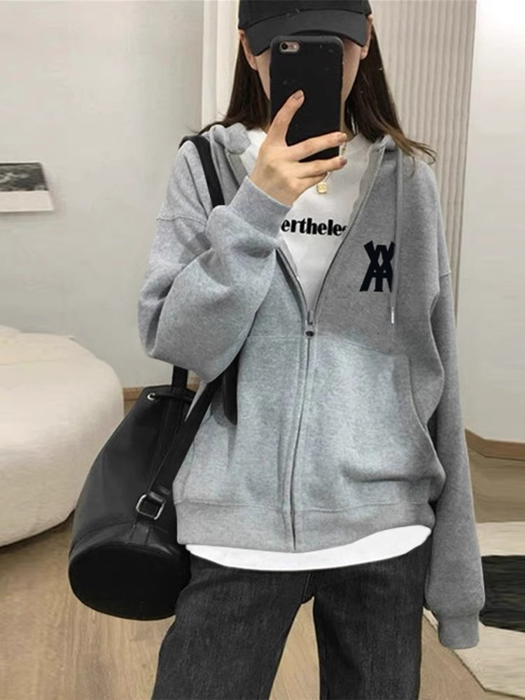 Sweatshirt Outwear Women's Zipper Korean Style Idle Style Hooded Melange Gray Cardigan Outerwear Top Outwear Top Fall 2025 New Arrival