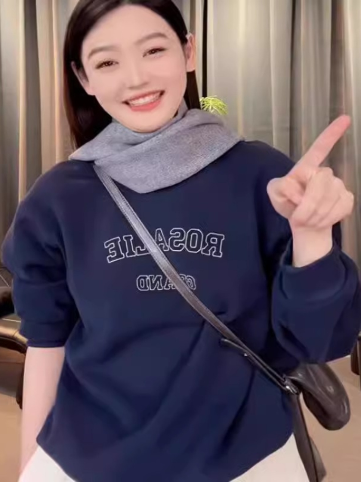 Navy Blue round Neck Sweatshirt Women 2025 Spring & Fall New Arrival Fleece-Lined Korean Style Younger Fashion Loose Casual Long Sleeves Tops