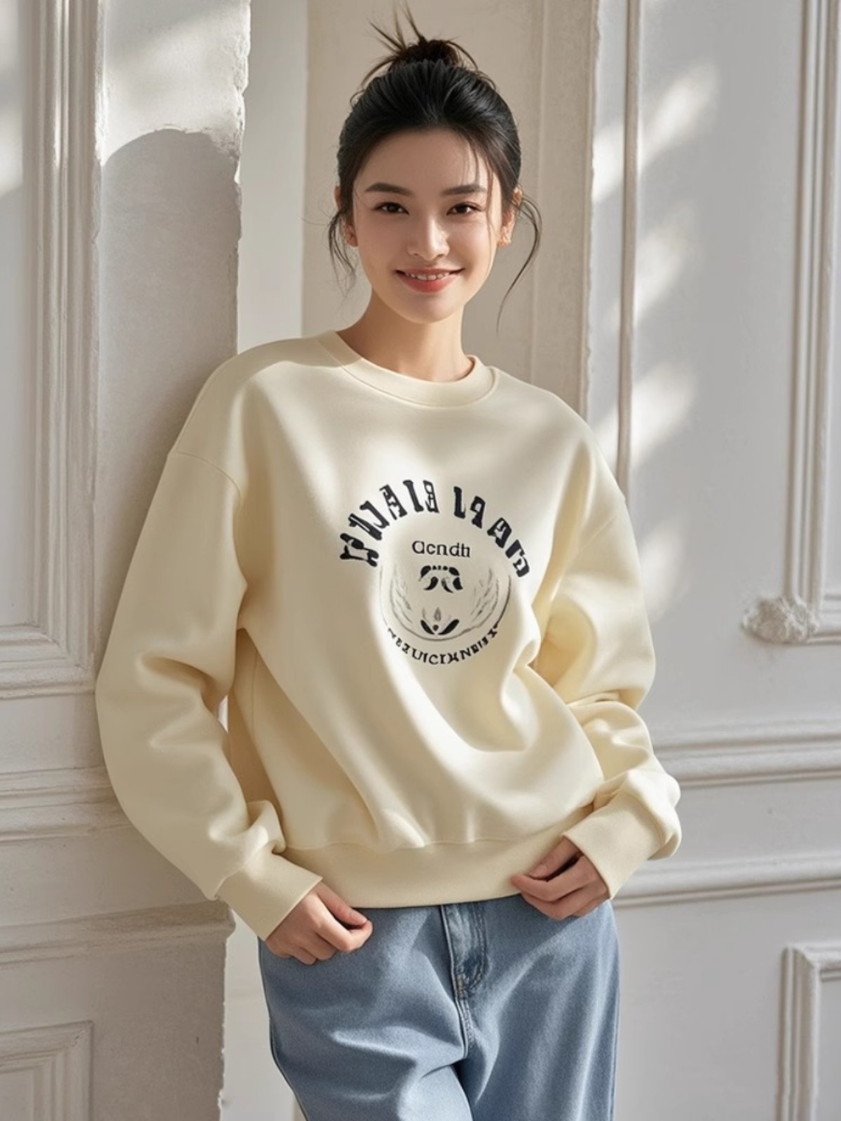 2025 New round Neck Sweaters Women's Clothing Loose Casual Fashion All-Matching Fleece-lined Padded Pullover Spring and Autumn
