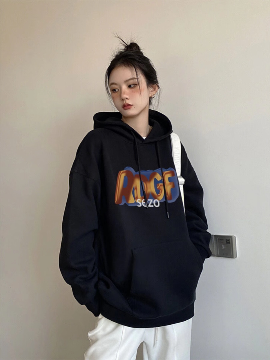 American vintage High Street Letters Print Black Hoodie Thin Women Spring and Autumn Fashion Brand Outerwear Loose Top