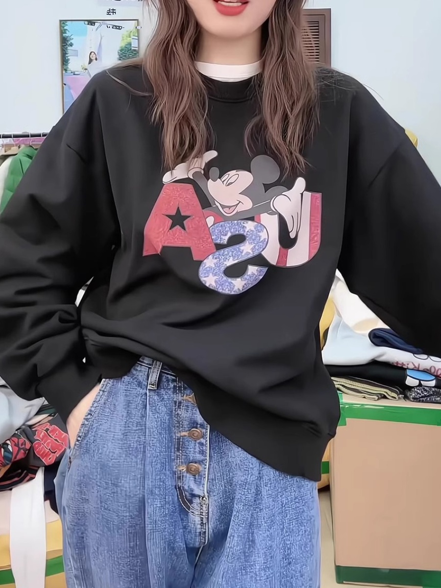 2025 Temperamental Popular Thickened Spring & Fall South Korea Dongdaemun Mickey Pattern Crew Neck Pullover Sweatshirt Loose Easiest for Match Female