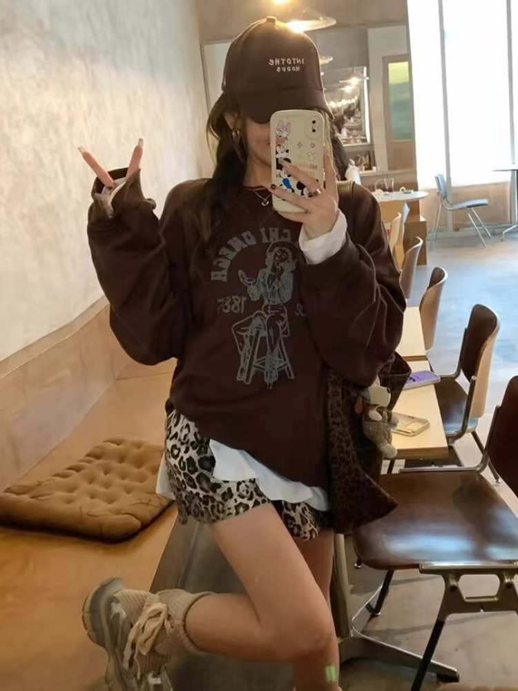 American Print Brown round Neck Sweatshirt Female Spring & Fall 2025 New Design Sense Loose Small Long Sleeves Tops Fashion